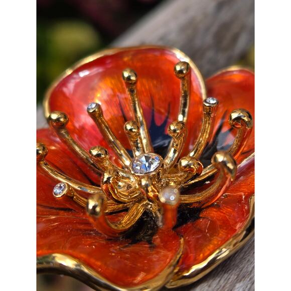Vintage Monet Orange Enamel & Rhinestone Flower Brooch Pin, Gold Tone - Picture 6 of 10